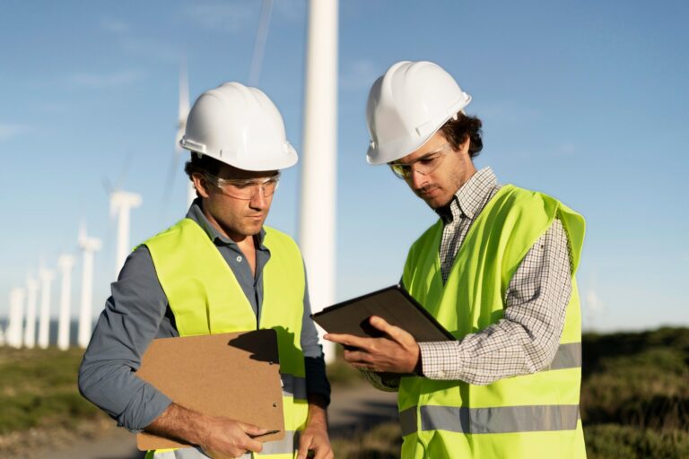 Two men in hard hats stand beside towering wind turbines, showcasing renewable energy development and teamwork in the field.