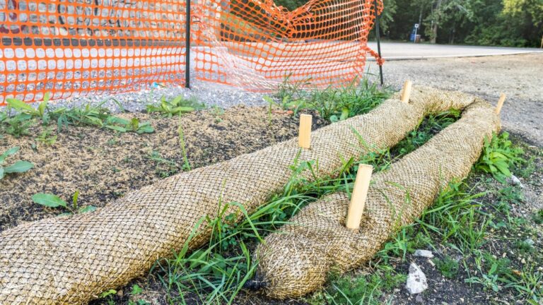 A series of wattles held in place with stakes as an erosion control measure.